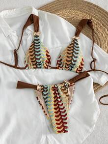 Swim Vcay Bộ bikini nữ đi biển mùa xuân/hè, chất liệu vải jacquard dệt kim, trang sức kim loại, dây đeo vai thô, lưng đẹp, gợi cảm, thời trang, thanh lịch. - Nhiều màu - Xem 4