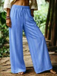 Franclia 女士弹力腰带优雅直筒裤，浪漫假日户外经典休闲海滩度假时尚甜美情人节约会派对海滩魅力都市时尚日常穿着百搭优雅商务办公通勤抽绳腰带女裤阔腿长裤 - 藍色 - 查看 3