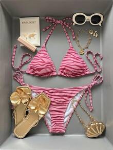 SHEIN 女士度假沙滩斑马纹泳衣套装 - 粉色 - 查看 5
