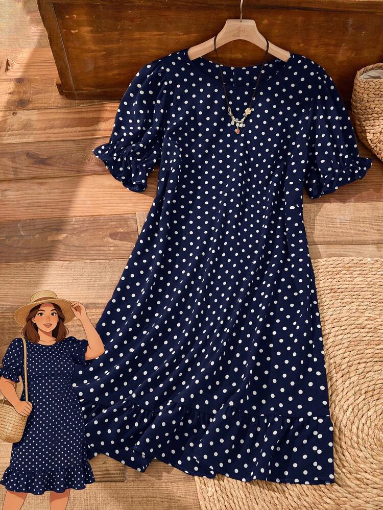 Plus Size Women's Spring Casual Vacation Blue Polka Dot Ruffle Petal Sleeve Dress,Plus Size Women's Summer Casual Vacation Country Spring Casual Vacation Round Neck Navy BluenPolka Dot Ruffle Puff Sleeve Dress/Summer,Summer Holiday,Spring Break Outfits ,Vacation Outfits Women ,Holiday Outfits For Women,Going Out Outfits,2026 New Clothes,Simple And Fashionable For Everyday Wear,Casual Dresses For Women,Flowy Dress , Brown Polka Dot Dress, Brown Summer Dress,Suitable For Summer, Vacation, Commute, Daily Wear,Polka Dot Dress,Gifts For Mother