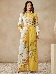 Anewsta New Arrival Spring Women's Romantic Floral Print Shirt And Pants 2-Piece Set - Yellow - View 5
