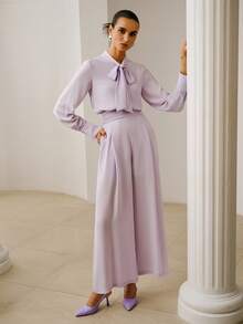 ZEYLAH Bộ áo liền quần dài tay bằng vải chiffon mỏng nhẹ với cổ áo ruy băng và cúc đính đá, thích hợp cho mùa xuân/hè. - Màu tím - Xem 6