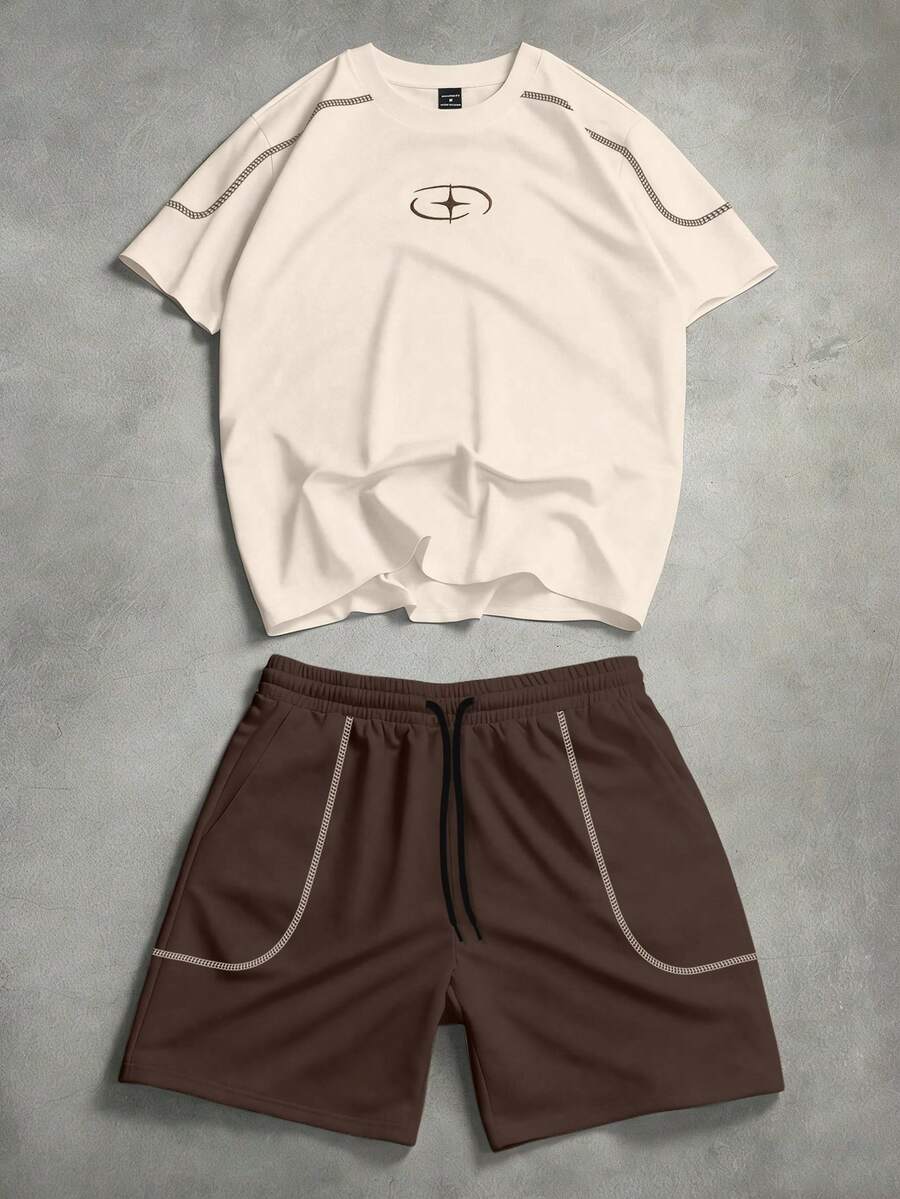 PAVTROS Bộ đồ thường ngày gồm áo thun ngắn tay cổ tròn và quần short cạp chun dành cho nam. - Màu Khaki - Xem 1