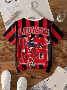 Miraculous Ladybug X SHEIN 少女休闲条纹印花短袖T恤 - 白色 - 查看 2