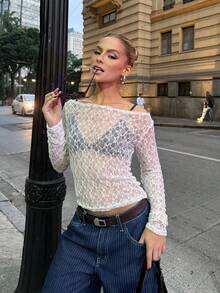 BiaLiraa 女式白色蕾丝不对称领口修身透视短款上衣，春夏节日 Y2k，沙滩装长袖女式上衣，秋季女装 - 白色 - 查看 4