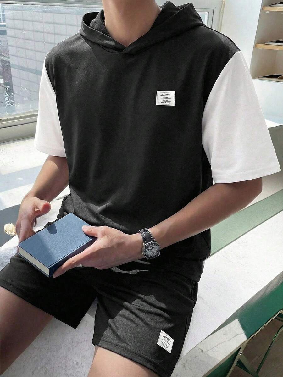 SHEIN 青少年男童拼接短袖连帽衫T恤和休闲短裤套装 - 黑與白 - 查看 1