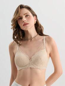 Hourtrue 蜜桃女孩米色性感蕾丝女士钢圈文胸，提拉塑形，舒适时尚 - 米色 - 查看 4