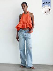 Maija Neck Tie Backless Ruffle Hem Loose Blouse, Urban Style For Women In Autumn - Orange - View 5