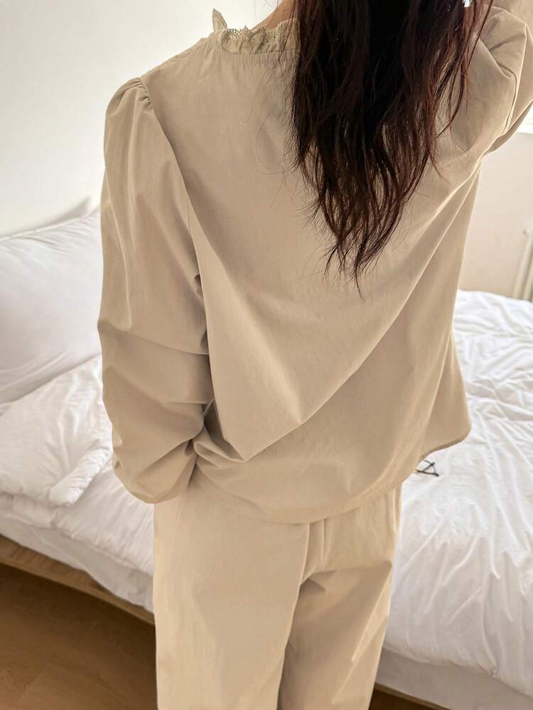 2pcs Elegant Embroidered Fabric Patchwork Frill Trim Women's Pajama Set, Spring
