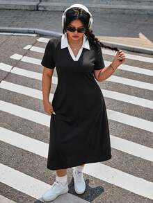 Muchica Plus Size Contrast Trim Casual Daily Short Sleeve Dress, Spring/Summer - Black - View 1