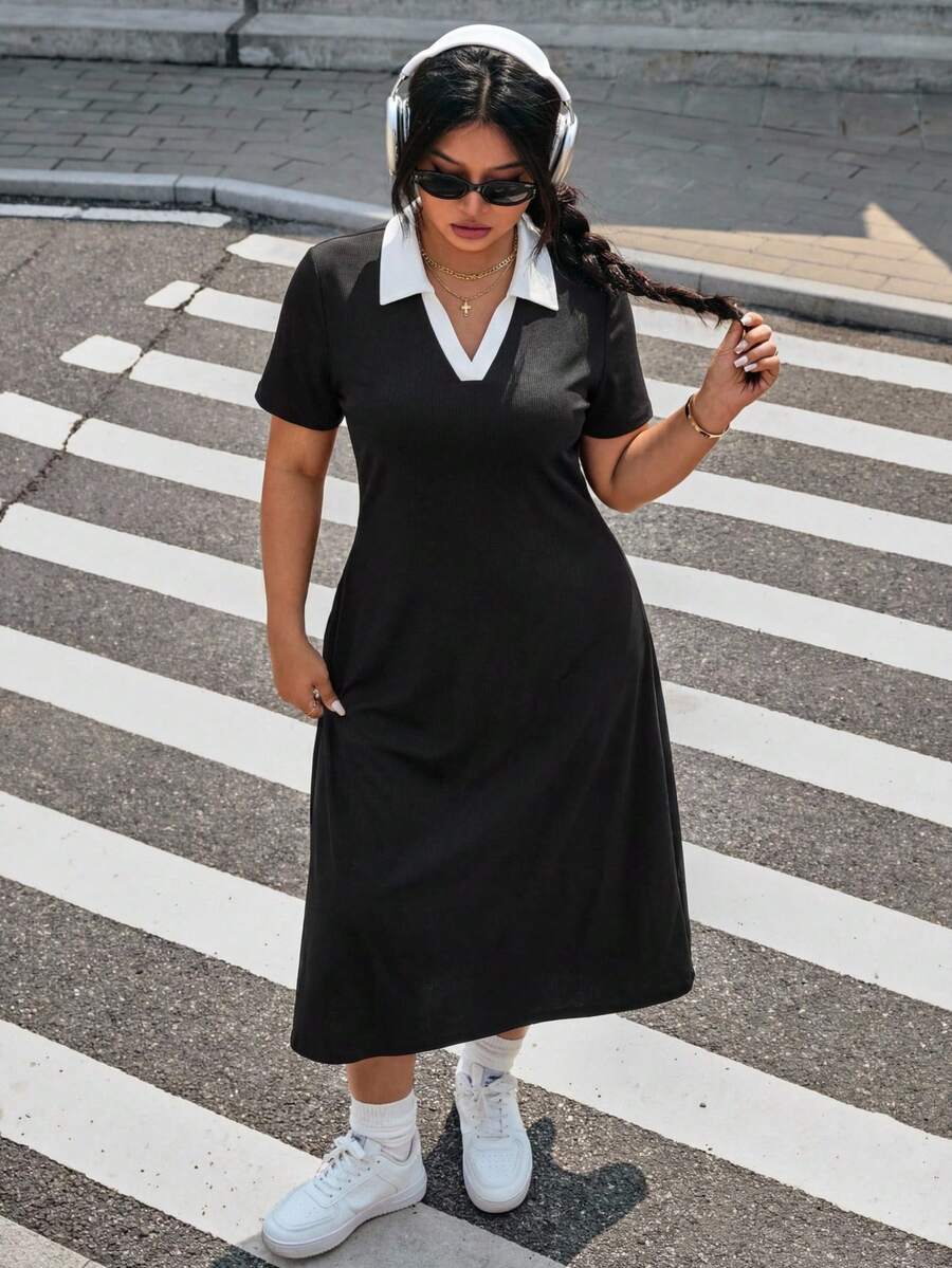 Muchica Plus Size Contrast Trim Casual Daily Short Sleeve Dress, Spring/Summer - Black - View 1