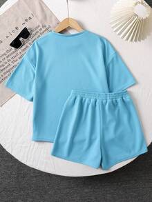 SHEIN LMoss Kids LMoss 少女针织纯色宽松短袖上衣和短裤休闲套装 - 薄荷藍 - 查看 2