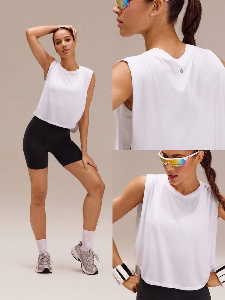 Sunny Sprints Regular Fit Waist Length Sun-Protective Seamless Twisted Sides Running Muscle Tank Jogging Workout Gym Fitness Active Wear