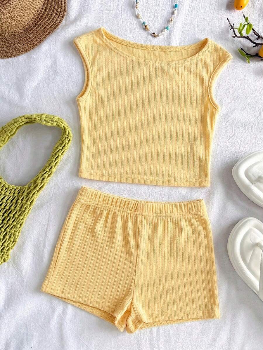 SHEIN 两件套少女休闲度假家居服套装：纹理针织不对称肩部上衣和修身短裤，适合派对、海滩、邮轮、节日、夏季等场合，黄色 - 黃色 - 查看 1