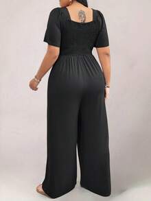 SHEIN PETITE CURVE Plus Size Summer Short Sleeve Square Neck Solid Color Jumpsuit, Casual Versatile High Waist Wide Leg - Black - View 2