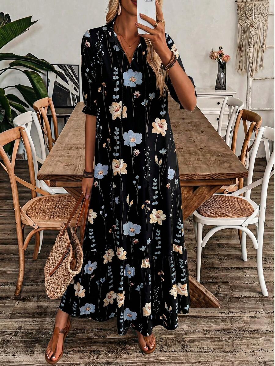 Vestido casual y elegante de cuello en V con estampado, volantes en el bajo y cordón ajustable para vacaciones - Multicolor - Ver 1