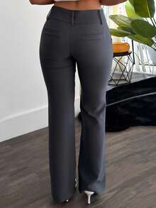 leahseptember Pantalon évasé casual avec boutons et poches, couleur unie pour femmes - Gris foncé - Voir 2