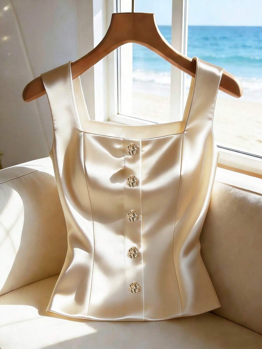 Franclia 女士春夏方领无袖金属扣装饰修身香槟色缎面真丝吊带背心 - 香檳色 - 查看 1