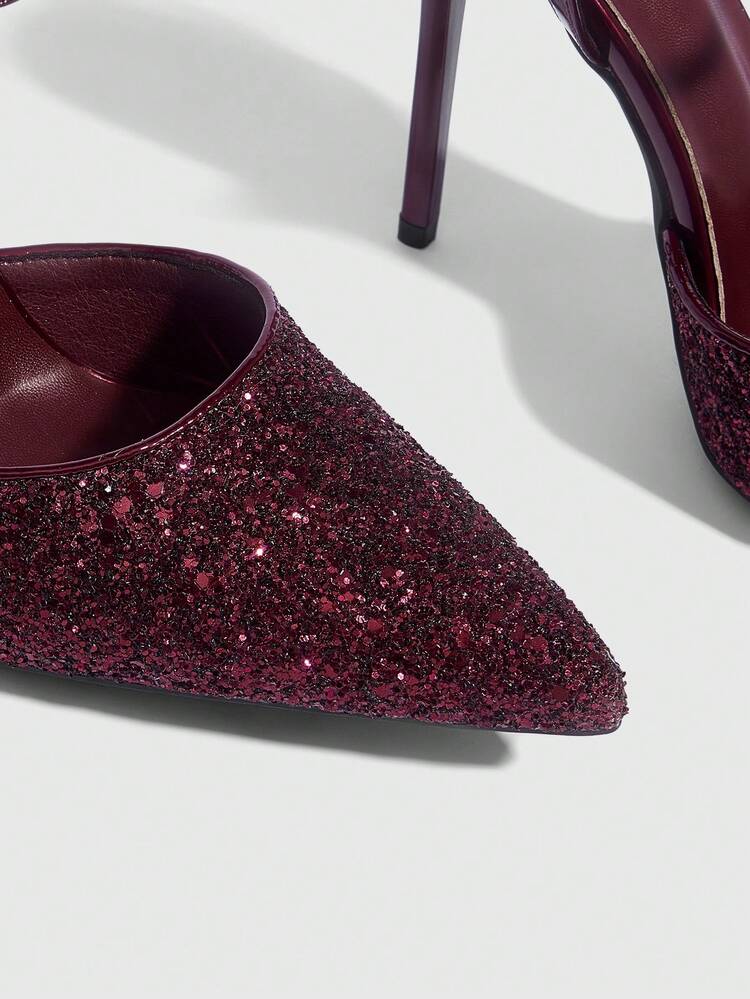 CUCCOO SZL Women Shoes Women's Pointed Stiletto Burgundy Shiny Glitter Ankle Strap Buckle Temperament Elegant Fashion Sexy Women's High Heels Shoes Slingback Shoes Suitable For Parties, Parties, Banquets And Other Occasions Women's Shoes