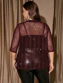 SHEIN Clasi Plus Size Black Mesh Sequin Cardigan Jacket, Thin Outerwear For Party, 3/4 Sleeve Shiny Cardigan Jacket For Party Outfit - Burgundy - View 2