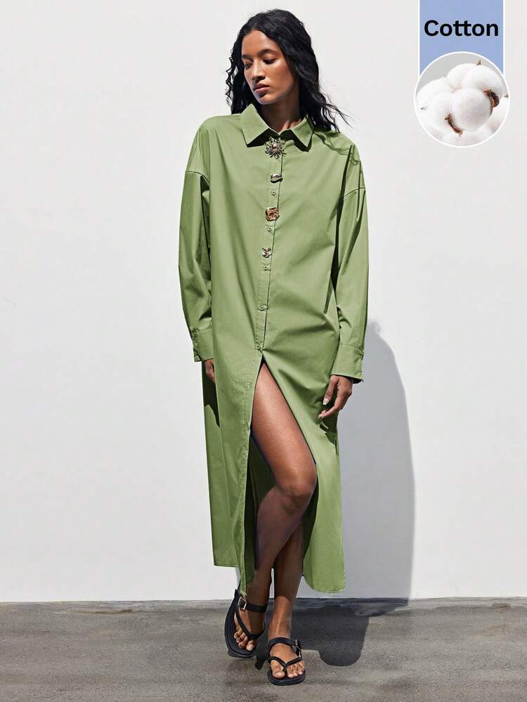 SHEIN Maija Women's Solid Color Dress, Featuring Front Button Design And Long Sleeves, Casual And Minimalist, Fashionable And Practical. The Overall Silhouette Is Graceful And Appropriate, Suitable For Daily Outings And Various Occasions, Effortlessly Showcasing Feminine Elegance And Natural Charm.