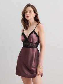 Hourtrue Color Block Lace Patchwork Cami Sleep Dress Pajama Dress Luxeloungewearfor Summer - Rust Brown - View 6