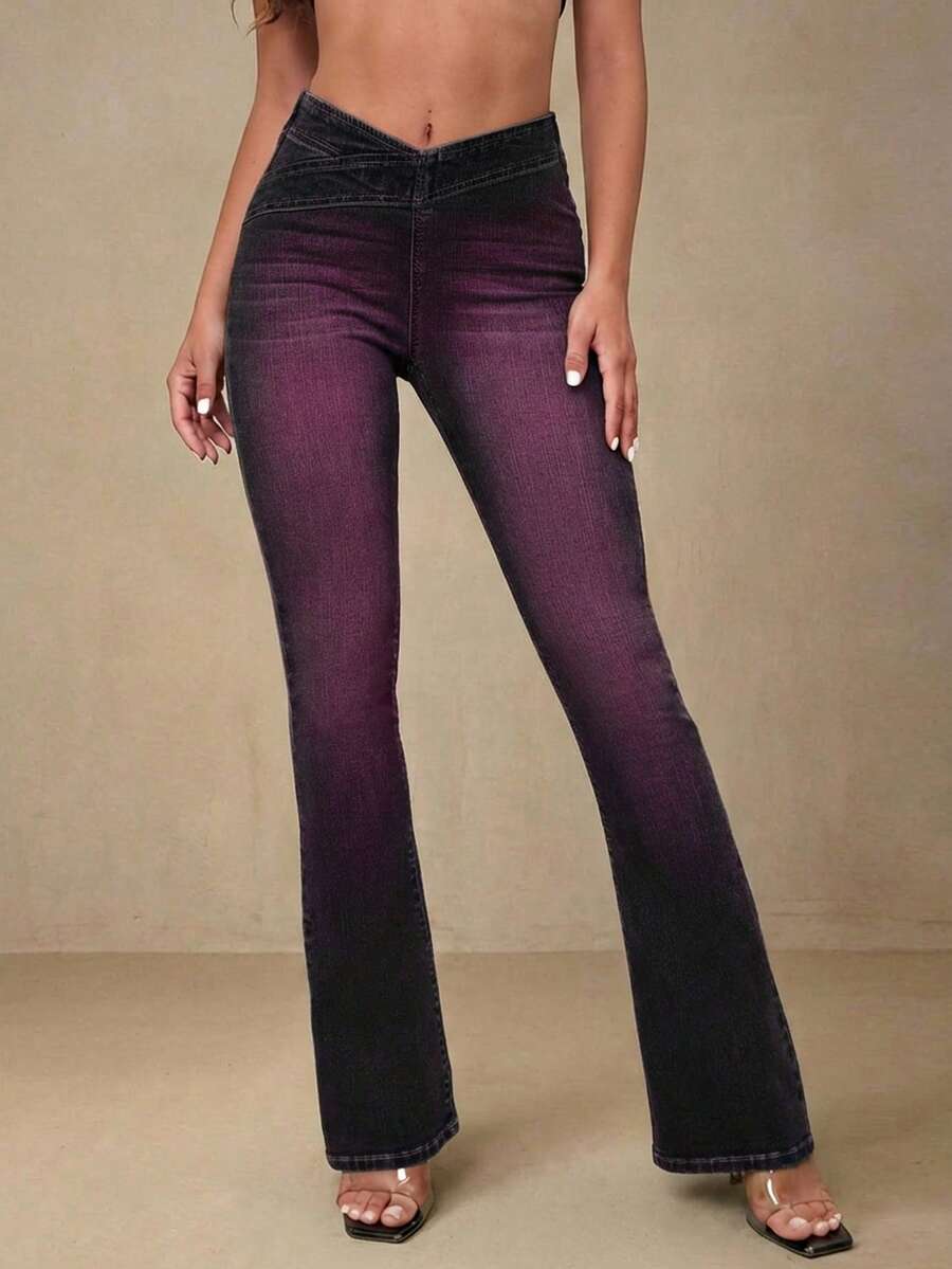 Selenza Quần jeans ống loe bó sát cạp chéo Ombre - Màu tím - Xem 1