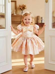 Glamorique Kids 女童碎花花瓣袖连衣裙，饰有蝴蝶结，优雅公主风花童礼服，适合婚礼及其他场合 - 粉色 - 查看 8