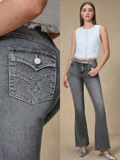 Selenza Women's Y2k High Waist Geo Embroidered Studded Detail Flare Leg Elegant Jeans With 4 Pocket ,Butt Lifting Jeans Women