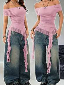 Coolane Áo quây nữ cỡ lớn phong cách thường ngày mùa xuân/hè, thích hợp cho lễ hội âm nhạc Coachella, kiểu trễ vai, chất liệu lưới, xếp nếp, vạt áo bất đối xứng, không dây đeo vai. - Màu Hồng baby - Xem 2