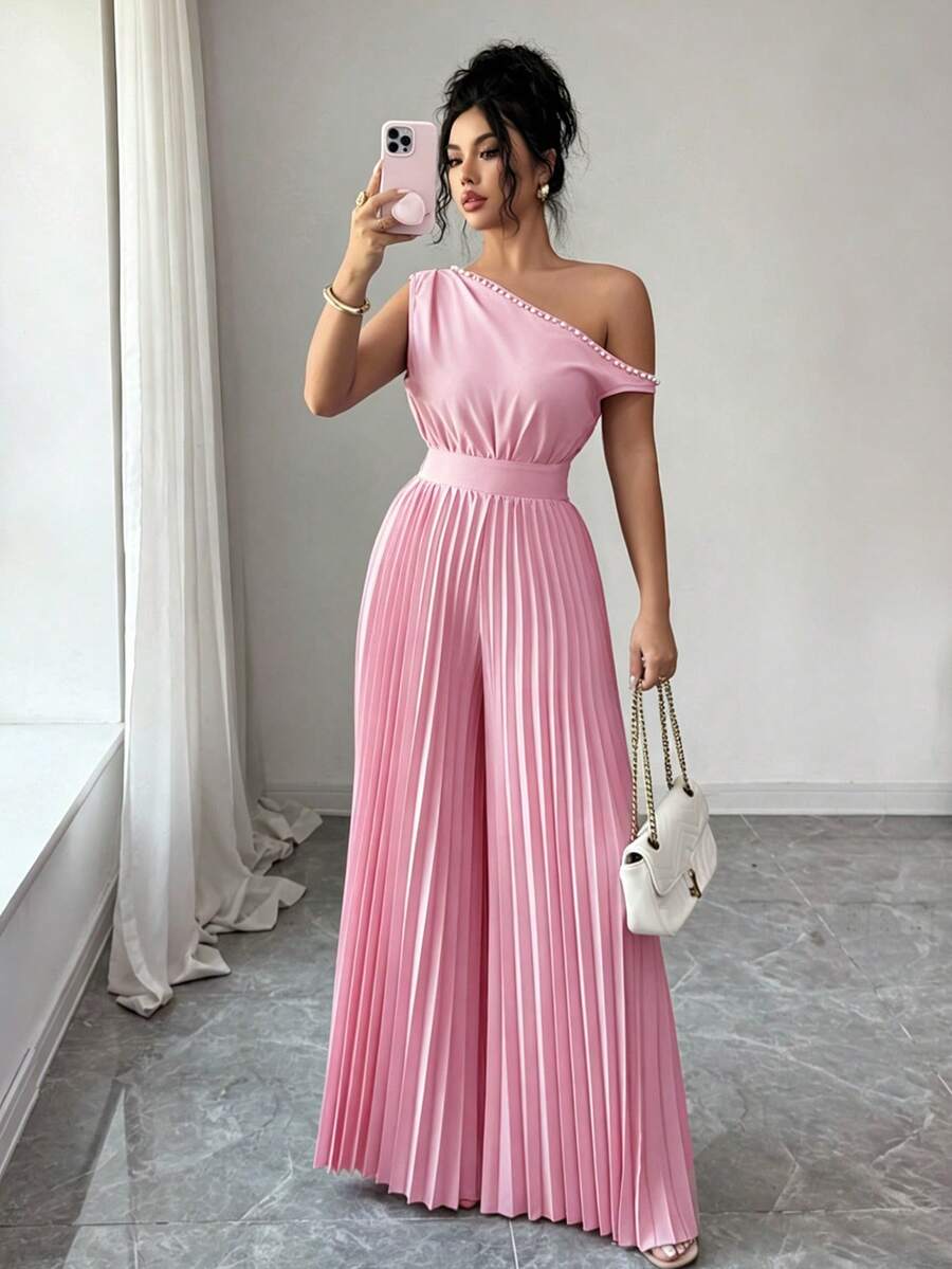 Modelyn Blue Pearl Pleated Shoulder Jumpsuit For Women - Pink - View 1