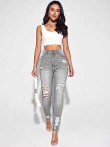 Selenza Quần denim thô giản dị có túi nút phía trước - Màu Xám nhạt - Xem 3