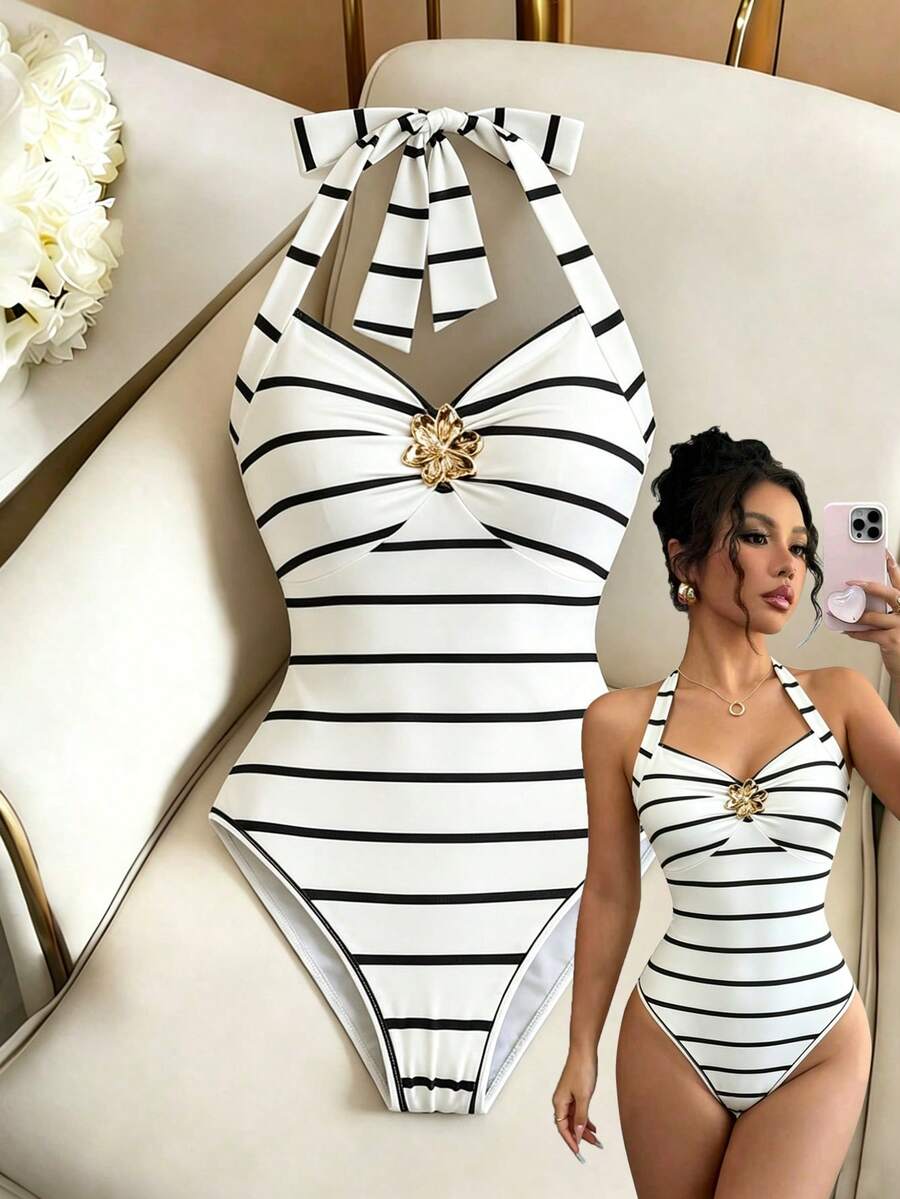 Elenzga 女士时尚优雅条纹露背吊带连体衣 - 黑與白 - 查看 1