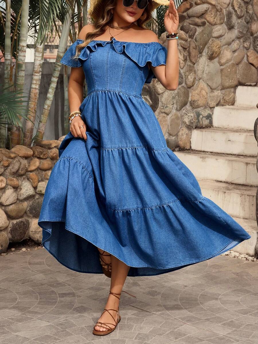 SHEIN Holidaya 女士休闲宽松度假荷叶边双面牛仔长裙 - 中等水洗藍 - 查看 1