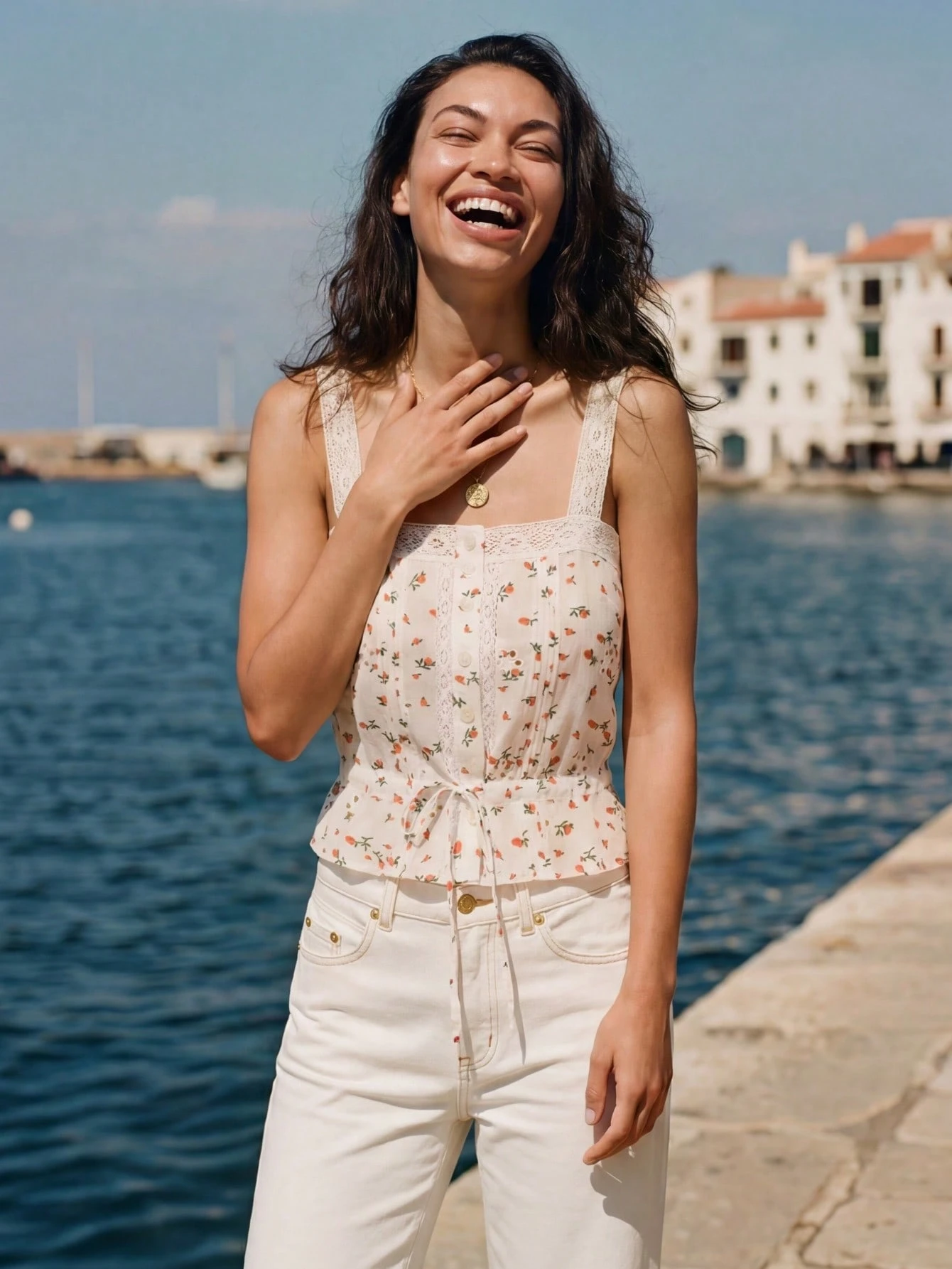 White Lace-Trimmed Button Front Cami Top With Pleats And Waist Tie Spring Summer French Style Parisian Style Vacation Top Cute Summer Top