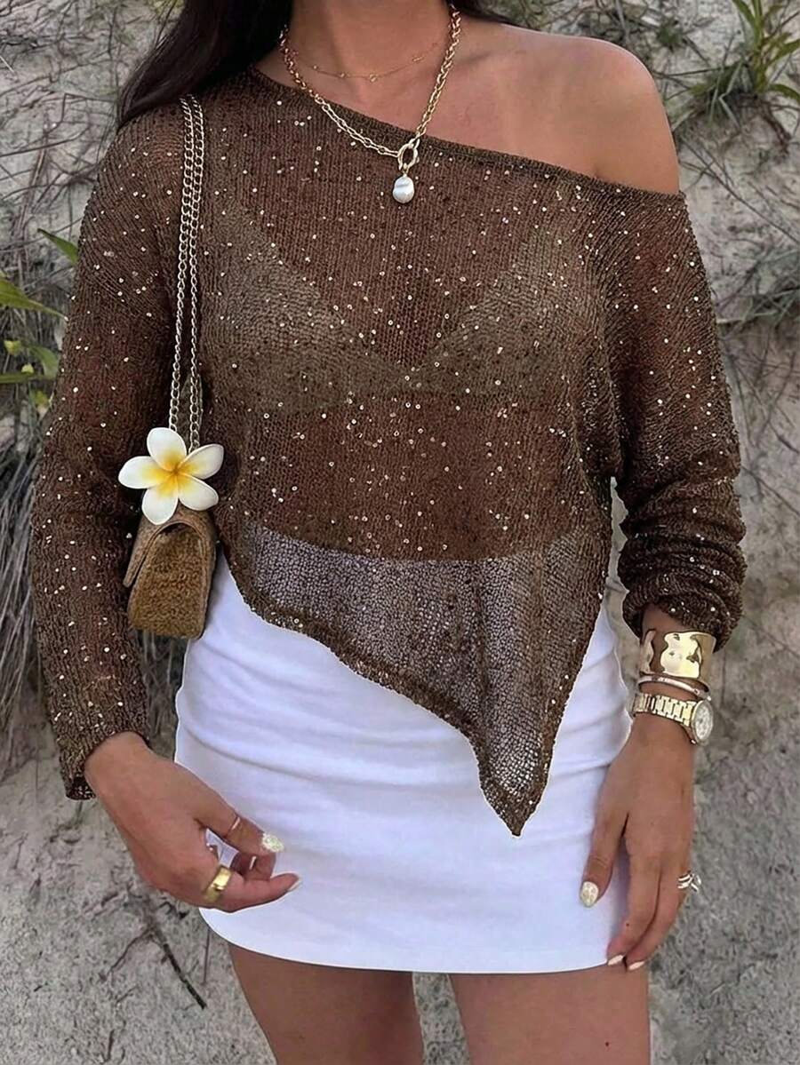 Aloruh 女士时尚性感亮片镂空不对称针织T恤 - 棕色 - 查看 1