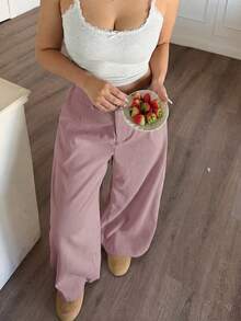 SHEIN PETITE CURVE Solid Color Casual Loose Comfortable Pants - Pink - View 5