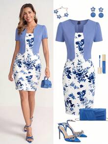 SHEIN Ellevyn 大码优雅派对花卉印花拼接泡泡袖修身二合一连衣裙，情人节套装，女士连衣裙，女士西式连衣裙，女士复活节连衣裙，女士礼服套装，女士优雅套装，女士正式连衣裙 - 彩色 - 查看 8