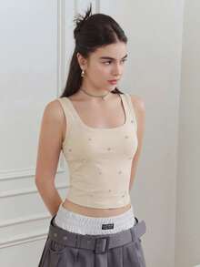 SHEIN MOD 女士水钻装饰休闲百搭日常上衣 - 杏色 - 查看 4