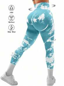 Slayform Quần legging thể thao thoải mái, cạp cao, ôm sát, họa tiết đá cẩm thạch phối màu tương phản, thích hợp cho mùa hè. - Xanh và trắng - Xem 4
