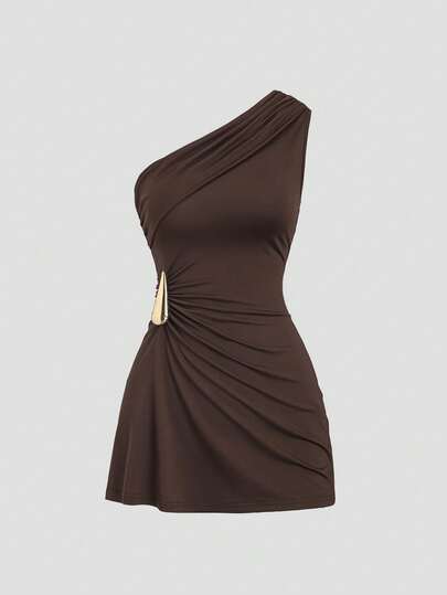 Sweetra Petite Vestido mini ajustado con cuello asimétrico, cintura fruncida y decoración de hebilla metálica, para primavera/verano