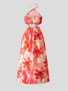 Sparklyn Đầm cổ yếm xẻ tà in hoa cho bé gái tuổi teen, thích hợp cho kỳ nghỉ biển. - trái cam - Xem 7