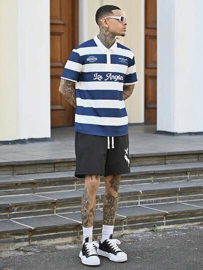 Devon Thys 男士简约蓝白条纹学院风字母 Polo 衫，适合上学、外出和送朋友礼物