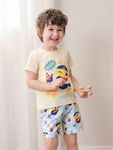 BABY SHARK X SHEIN Young Boy Cartoon Print Short Sleeve T-Shirt And Shorts Pajama Set - Apricot - View 5