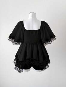 Sunspun New Arrival Sweet Elegant Going Out Tops, Bow Accent, Chiffon & Contrast Lace, Waist Cinching, Ruffle Hem Cropped Blouse - Black - View 2