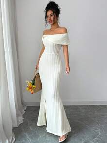 Elenzga Đầm nữ trễ vai thắt nơ xếp ly xẻ tà, chất liệu vải dệt họa tiết, kiểu đuôi cá, màu xanh lá cây, thích hợp cho du lịch, chụp ảnh, phong cách tối giản đa năng, mùa xuân/hè. - Màu be - Xem 5