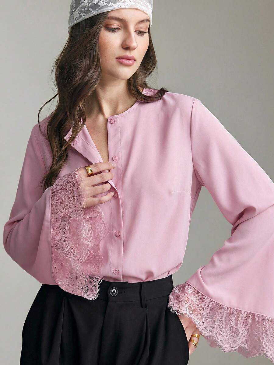 Ontre 女款粉色秋季優雅茶會襯衫,蕾絲飾邊長袖啞光面料上衣,現代婚禮賓客商務休閒法式奢華上衣 - 粉色 - 查看 1