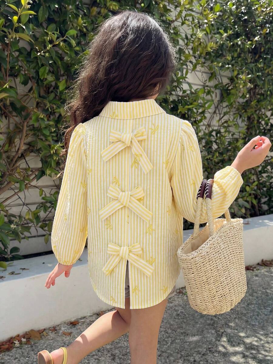 Elladie kids Blusa de manga larga con decoración de lazo a rayas para niñas jóvenes - Amarillo - Ver 1