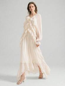 Ontre Bộ trang phục giáo viên nữ phong cách Stockholm Xuân Hè 2026, đầm chiffon màu mơ dáng bohemian vạt trước ngắn vạt sau dài, viền bèo nhún, kiểu dáng thướt tha và thanh lịch, thích hợp cho kỳ nghỉ/đi biển/lễ hội âm nhạc. - Màu be - Xem 5