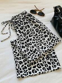 SHEIN EZwear 女士白色豹纹抽绳裤 - 白色 - 查看 2